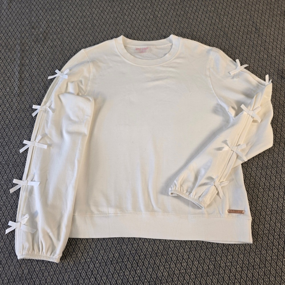 Betsey Johnson Performance White Bow Sleeve Sweatshirt Pullover Medium NWOT